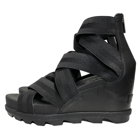 Sorel Shoes - Sorel Joanie II Black Platform Wedge Sandals Sz 9 Elastic Strap Leather